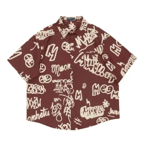 Trendy Graffiti Alphabet Full Print Lapel Short-sleeved Shirt