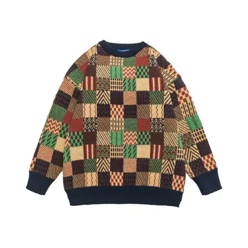 Contrast Color Stitching Plaid Crew Neck Retro Loose Warm Knitted Sweater