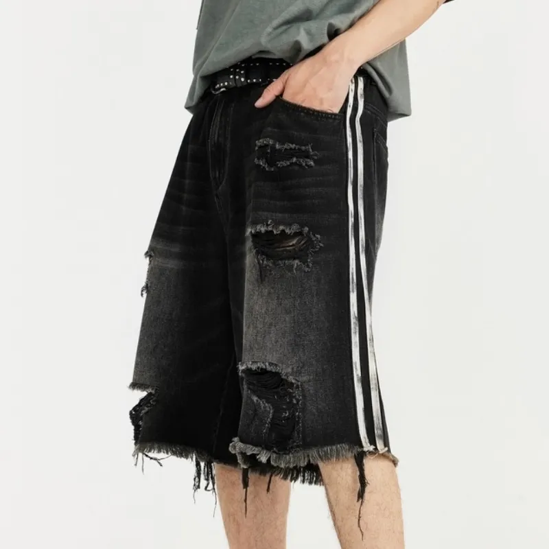 Hip Hop Street Striped Denim Shorts-9