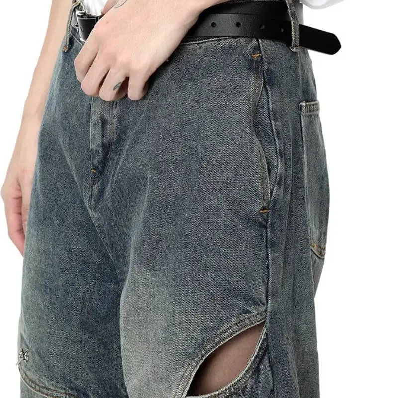 Retro Irregular Split New Style Straight Leg Wide Jeans-3