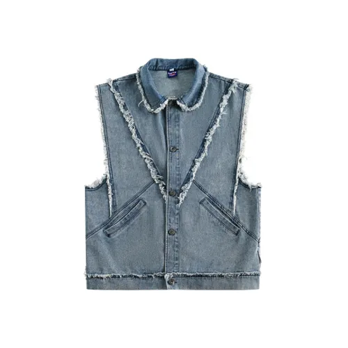 Structural Stitching Washed Fur-edged Denim Vest