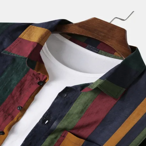 New Fashion Colorful Striped Long Sleeve Lapel Shirt swag OOTD