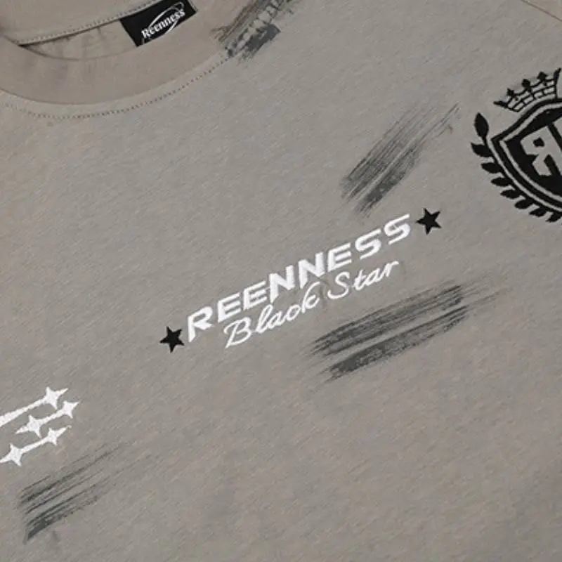 Logo Embroidery Hand painted Old Casual Loose Short sleeved T shirt-5