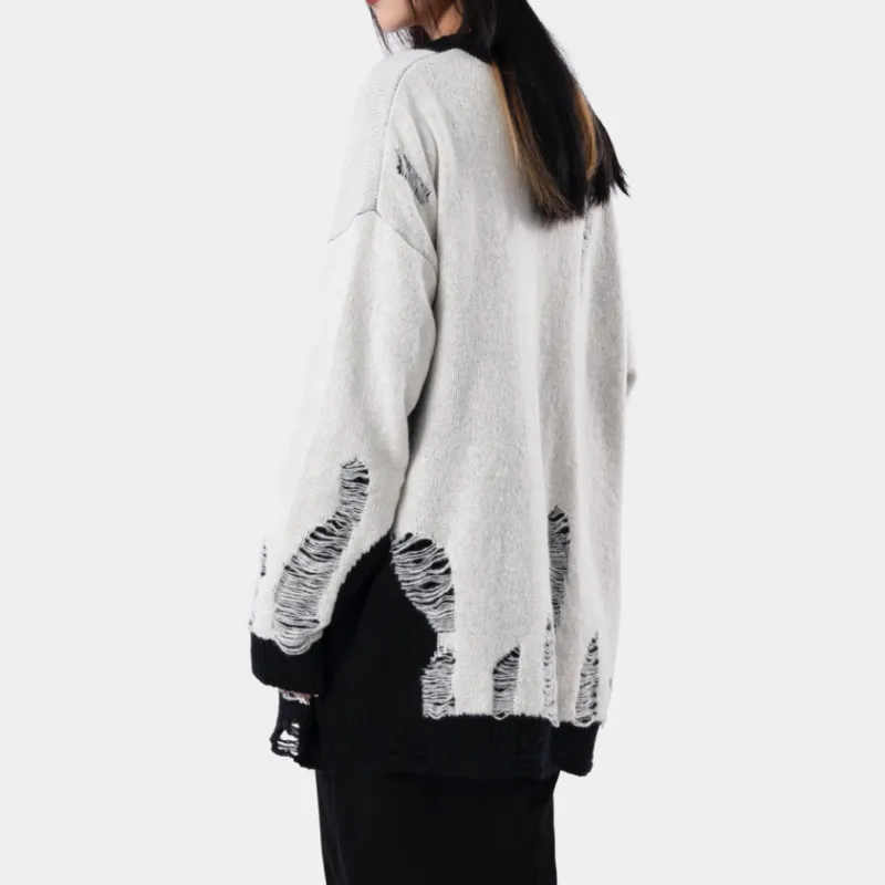 Design Sense Stitching Outer Wear Knitwear V Neck Lazy Pullover Loose Neutral Sweatshirt-3