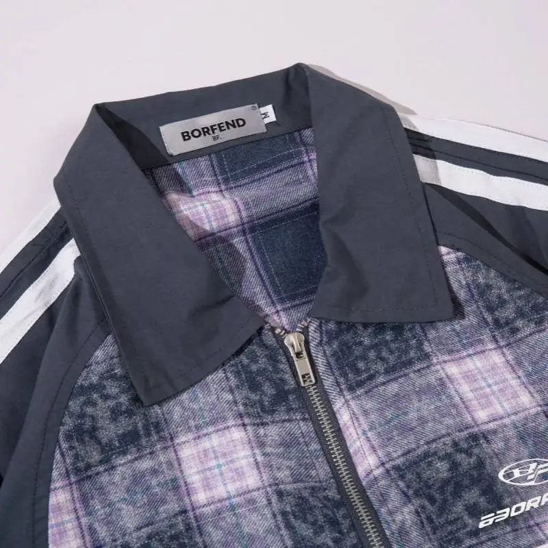 Short Sleeved Double Head Zipper Splicing Collision Color Shirt-3