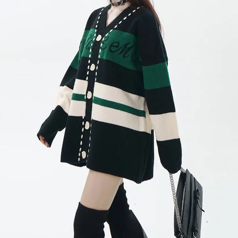 High Street Open Line Rope Color Matching Single breasted V neck Loose Trendy Brand Sweater-3