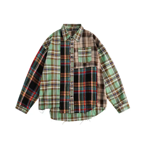 Grid Pocket Decoration Turn-down Collar Shirt