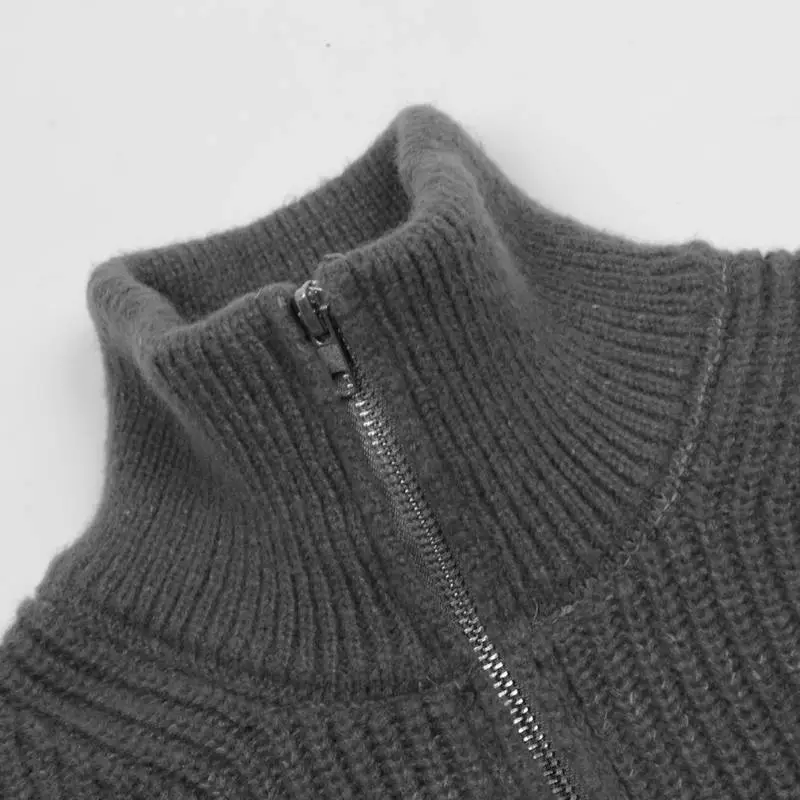New Style High Collar Zipper Wool Cardigan Solid Color Sweater-4