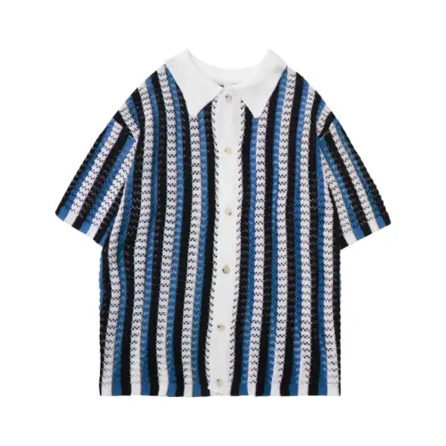 Fashion Striped Color Matching Lapel Short Sleeve Sweater