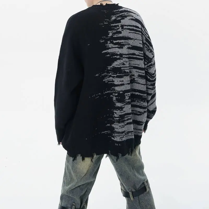 Street Zebra Pattern Color Matching Hole Tassel Loose Crew Neck Knitted Sweater-3
