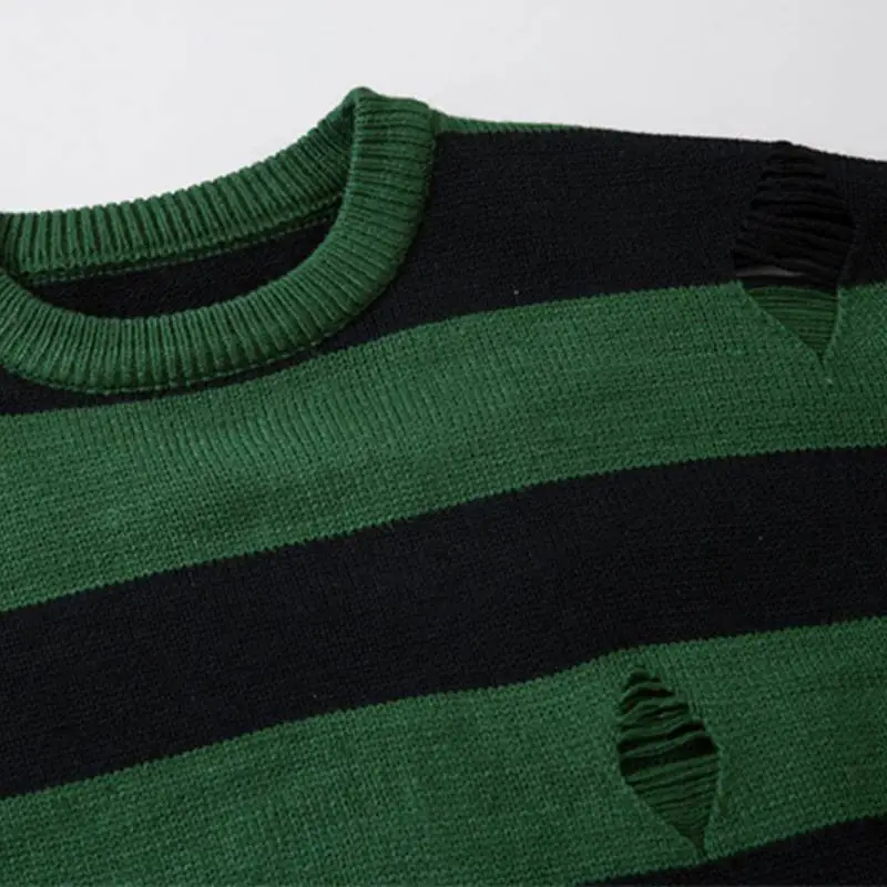 New Striped Hole Vintage High Street All match Loose Sweatshirt-6