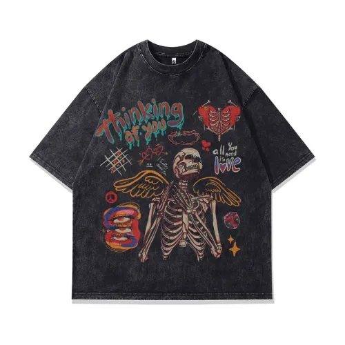 Vintage Retro Skull Print Washed T-Shirt