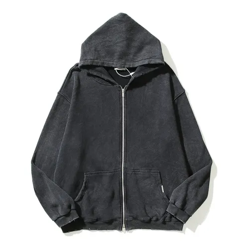 High Street Vintage Washed Old Cut Ratched Zipper Hooded Sweatshirt Terry Jacket