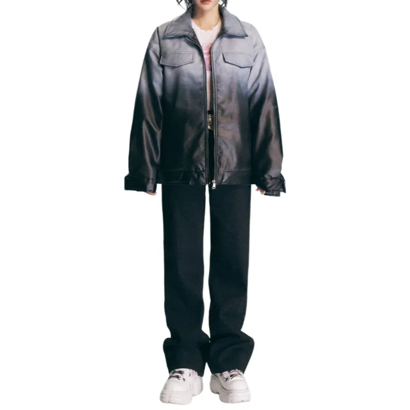 Design Retro Gradient Loose Coat PU Leather Cotton padded Jacket-2