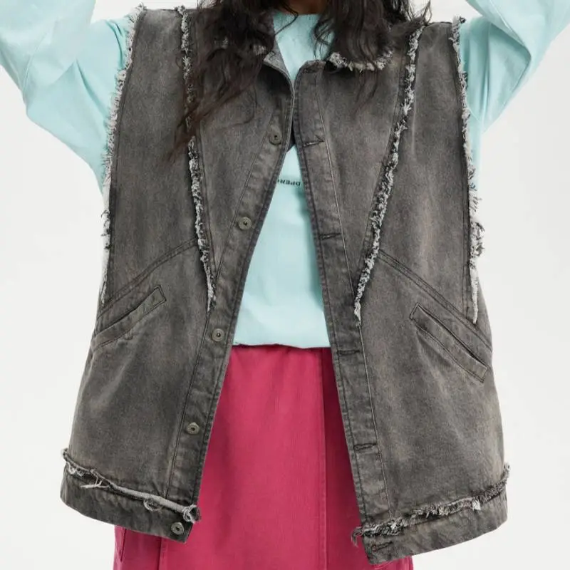 Raw Edge Splicing Denim Vest-6