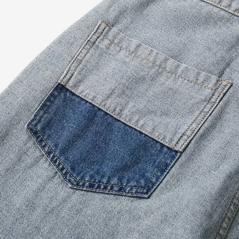 Stitching Loose Straight Color Contrast Jeans-2