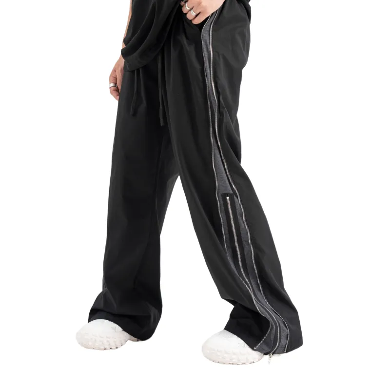 High Street Double Layer Zipper Contrast Color Wide Leg Straight Pants-5