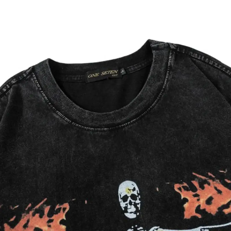 Washed Dark Flame Skull T Shirt-3