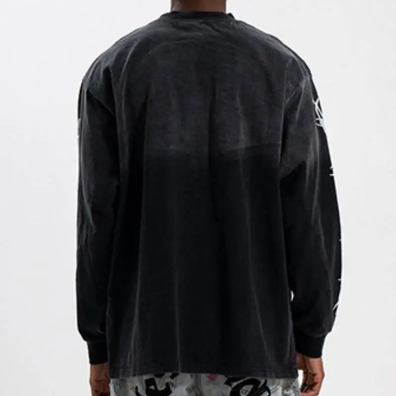 Retro Wash Contrast Color Loose Long Sleeve T Shirt-3