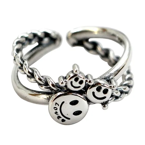 Vintage Distinctive S925 Sterling Silver Smiley Face Chain Cross Opening Ring Women's Fashionable Internet Popular Simple Thai Silver Food Ring