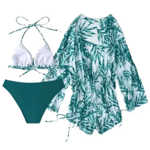 Three-piece Leaves Printed Blouse Sexy Swimsuit