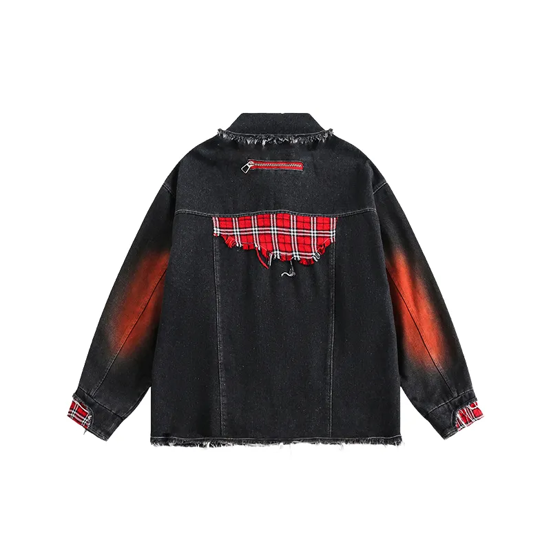 Rough Edge Decorative Color Matching Denim Jacket-1