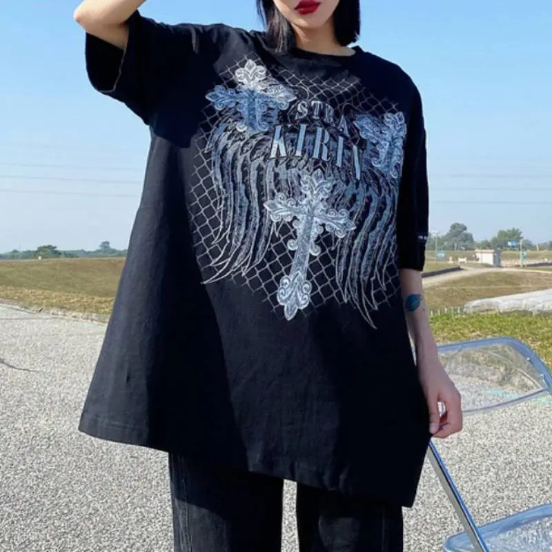 Dark High Street Cross Retro Printed Round Neck Short Sleeve T Shirt-7
