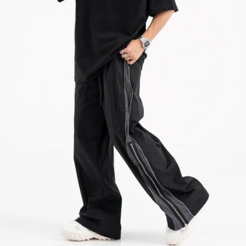 High Street Double Layer Zipper Contrast Color Wide Leg Straight Pants-4