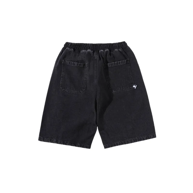 Retro Elastic Waist Washed Denim Shorts-1
