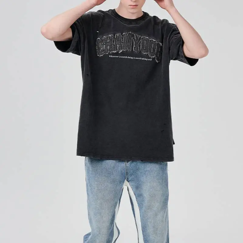 Hip Hop Embroidered Crewneck Short Sleeve Washed T shirt-7