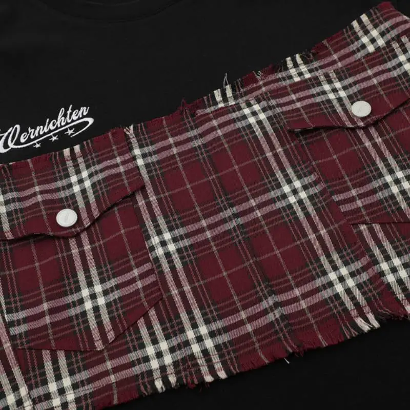 Patchwork Plaid Short Sleeved T Shirt-4