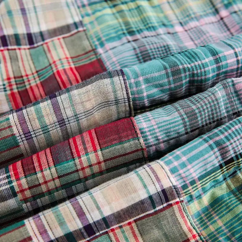 Contrast Color Asymmetric Color Grid Breathable Short Sleeved Shirt-4