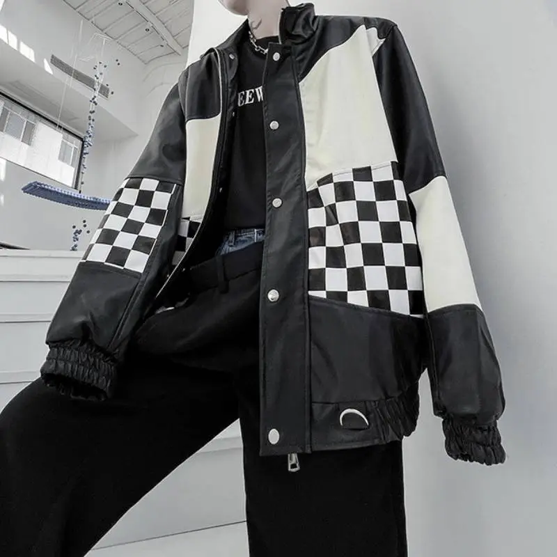 Advanced Sense Niche Chessboard Black and White Stitching Contrast Color Leather Jacket-2