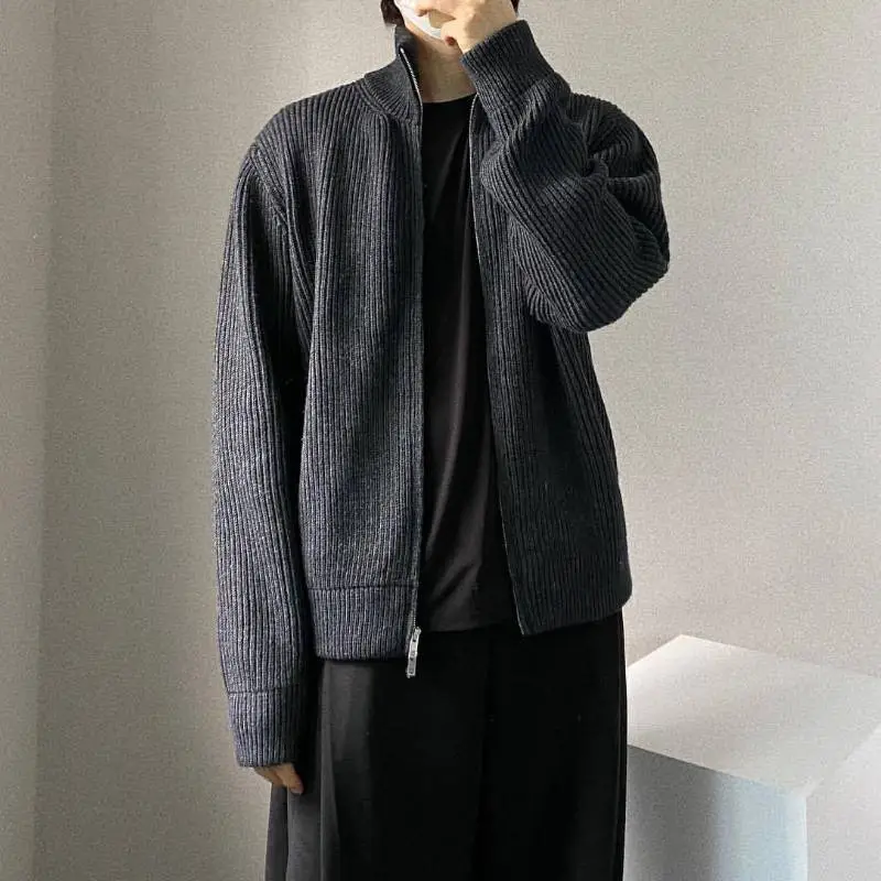New Style High Collar Zipper Wool Cardigan Solid Color Sweater-2