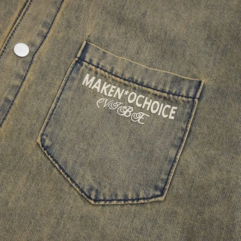 Gothic Letter Trendy Mud Dyed Denim Shirt-3