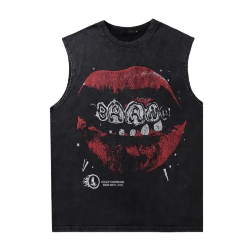 Retro Lips Washed Distressed Vest T-Shirt