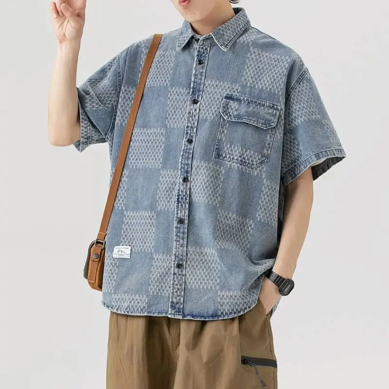 Retro Denim Plaid Short Sleeved Shirt-7