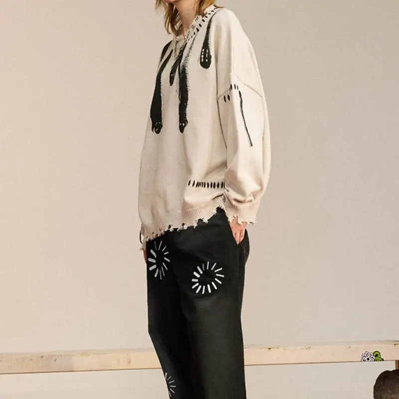 Meteor Falling Crewneck Fringed Designer Printed Wool Sweater-5