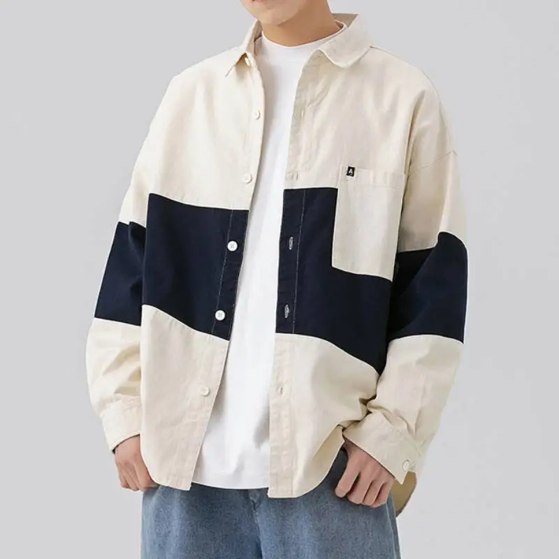 Long sleeved Retro Stitching Contrast Color Trendy Shirt-6