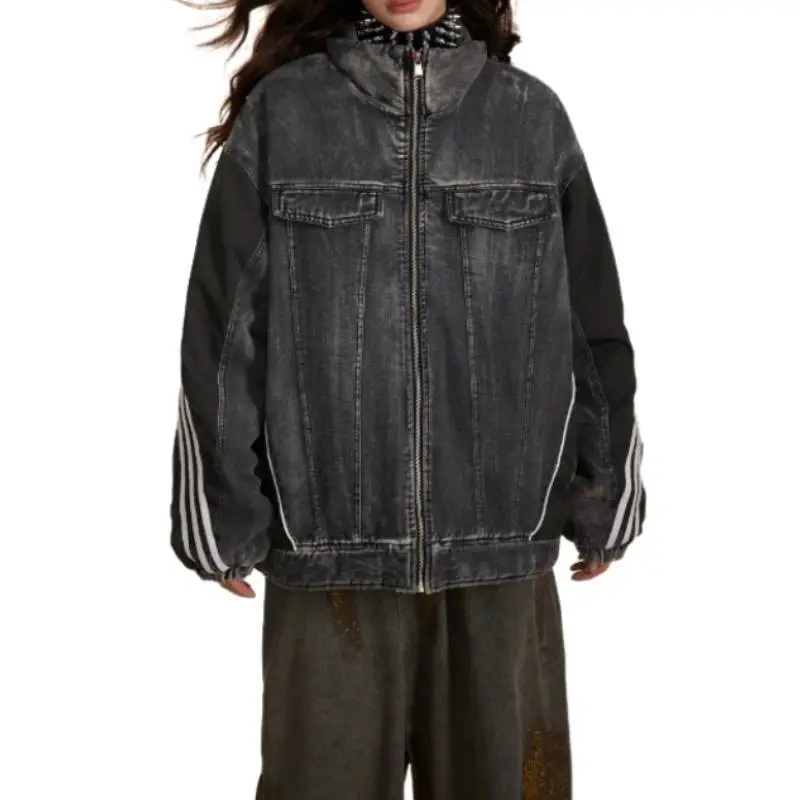Retro Design Stitching Quilted Denim Jacket-3