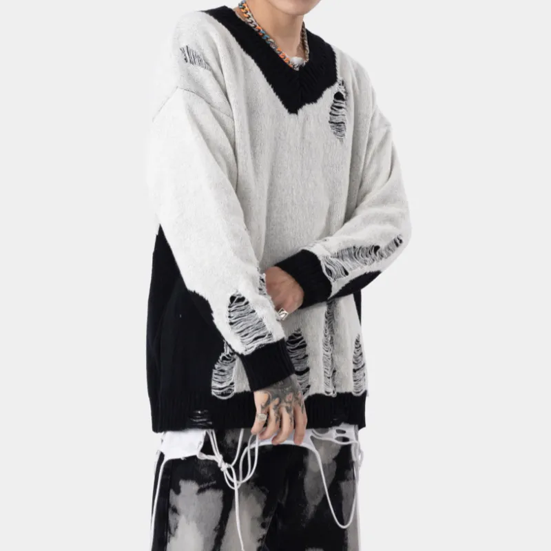 Design Sense Stitching Outer Wear Knitwear V Neck Lazy Pullover Loose Neutral Sweatshirt-2