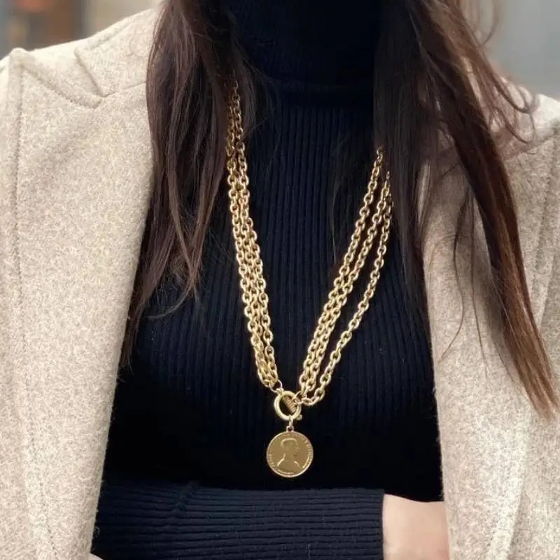 Trendy Gold Coin Portrait Round Necklace-1