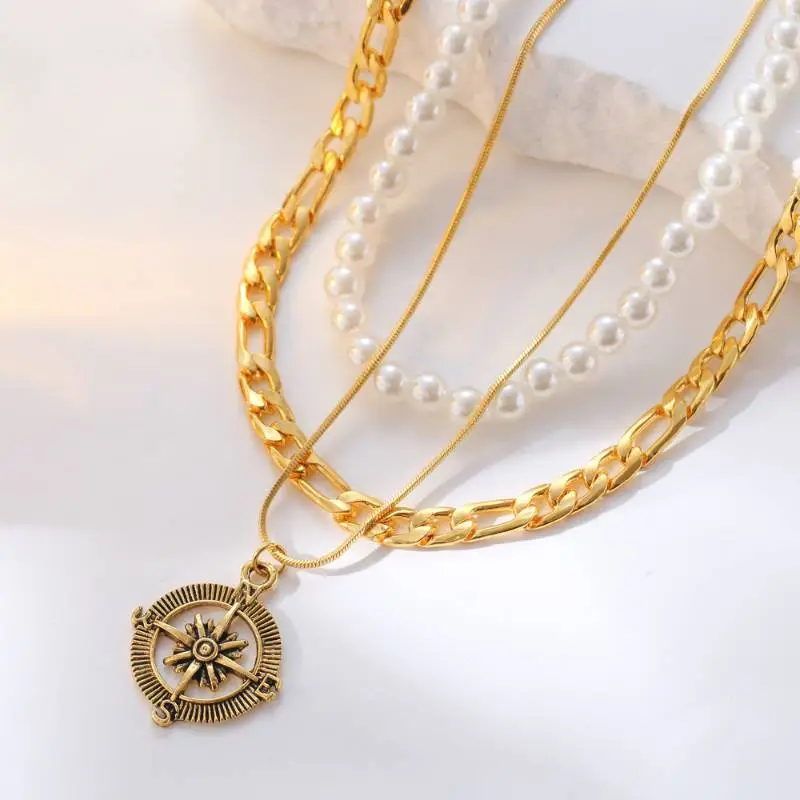 Hollow Compass Pendant Multi Layer Necklace-5