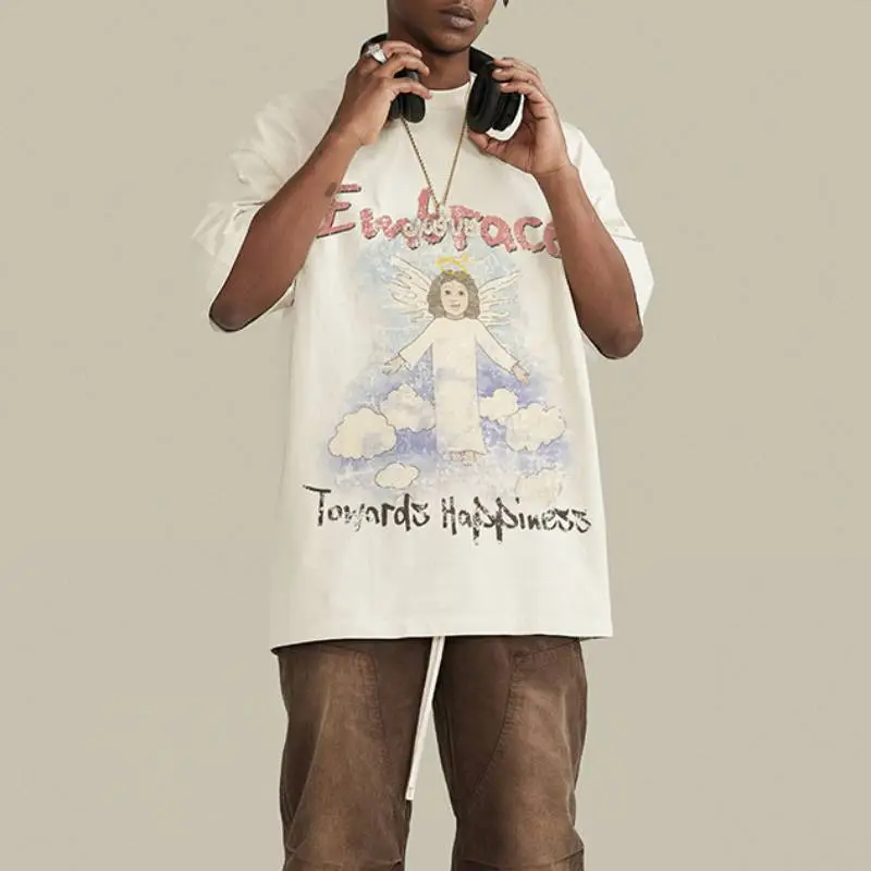 Washed Angel Print Retro T Shirt-4