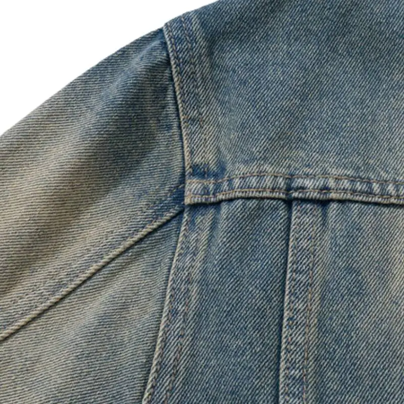 Retro Washed Old Hems Ripped Zipper Vertical Collar Denim Jacket-2