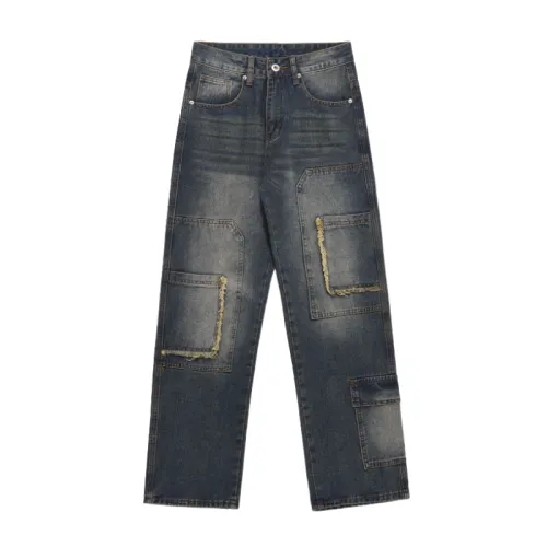 Vintage Washed Straight Edge Multi-Pocket Straight Jeans