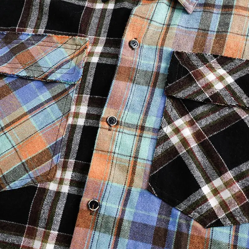 Retro Tide Double Color Plaid Stitching Long Sleeve Shirt-6