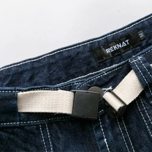 New Style Loose Belt Straight Leg Solid Color Multi-Pocket Jeans