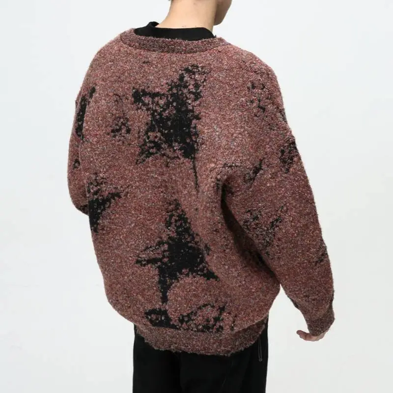 Fuzzy Color Design V Neck Loose Sweater-1