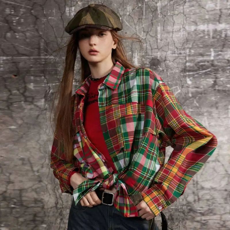 Contrast Color Stitching Christmas Style Pattern Plaid Long Sleeve Trendy Shirt-4